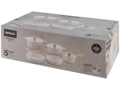 Jogo de Panelas Brinox Revestimento Cerâmico Creme 5 Peças Ceramic Life Nordic